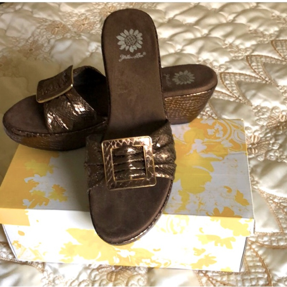 Yellow Box Hailey Metallic Bronze Wedge Slide Sandals with Buckle